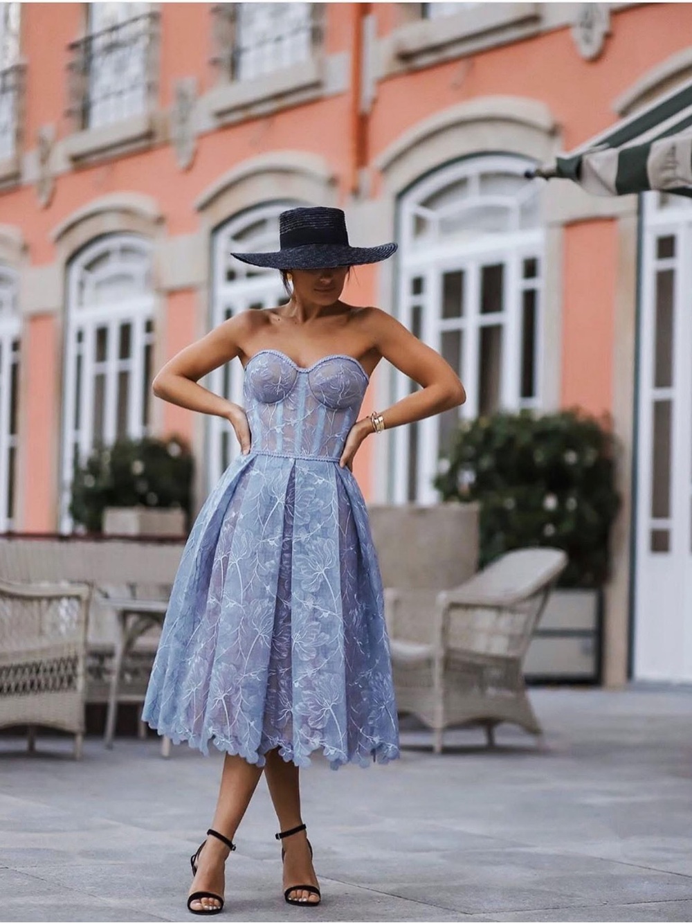 Nadine Merabi Strapless Lace Olivia Midi Dress in Dusty Blue